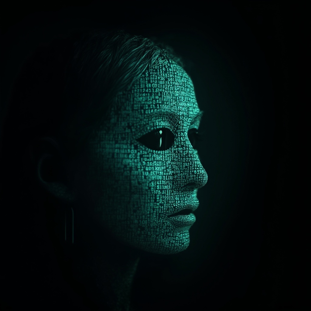 AI generated image by FLUX-Realism-Lora: Ada Lovelace's face as a digital mask made from thousands of turquoise numbers and formulas forming her face. The numbers and formulas are made from light. the formulas and numbers fly behind the mask leaving a trail of complexity. the mask is floating dynamically in mid air. her head is turned to the right but her eyes are looking directly into the camera. the mask is on a black background.  like a png with black only background. photo realistic, sci-fi, human features hair