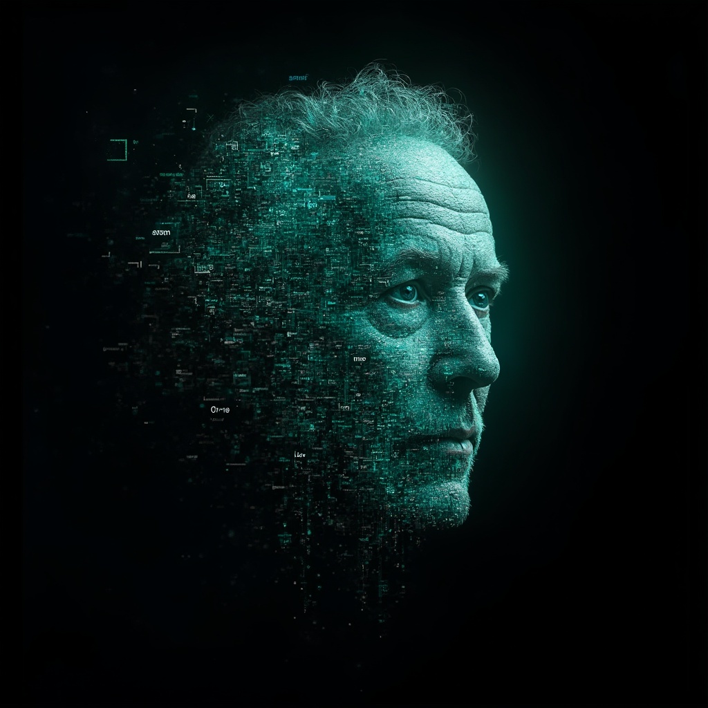 AI generated image by FLUX-Realism-Lora: Richard Feynman's face as a digital mask made from thousands of bright turquoise numbers and formulas forming his face. The formulas and numbers fly behind the mask leaving a trail of complexity. The mask is floating dynamically in mid air. His head is turned to the right but his eyes are looking directly into the camera. The mask is on a black background. Like a png with black only background. Photo realistic, sci-fy