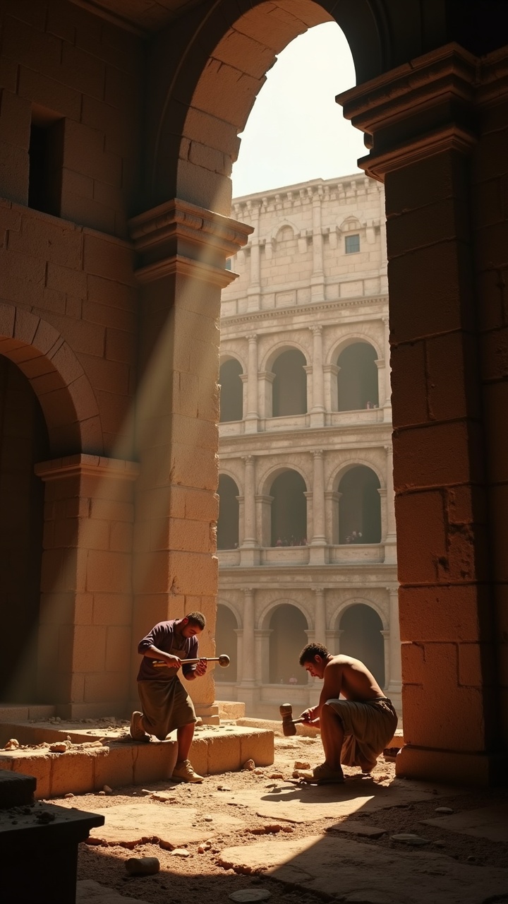 AI generated image by FLUX.1: Ancient Rome, Colosseum interior, workers chiseling stone with hammers, cinematic lighting, epic atmosphere, dramatic shadows, wide-angle view, high detail, realistic textures, warm sunlight streaming through arches, cinematic composition, depth of field, film-style grading