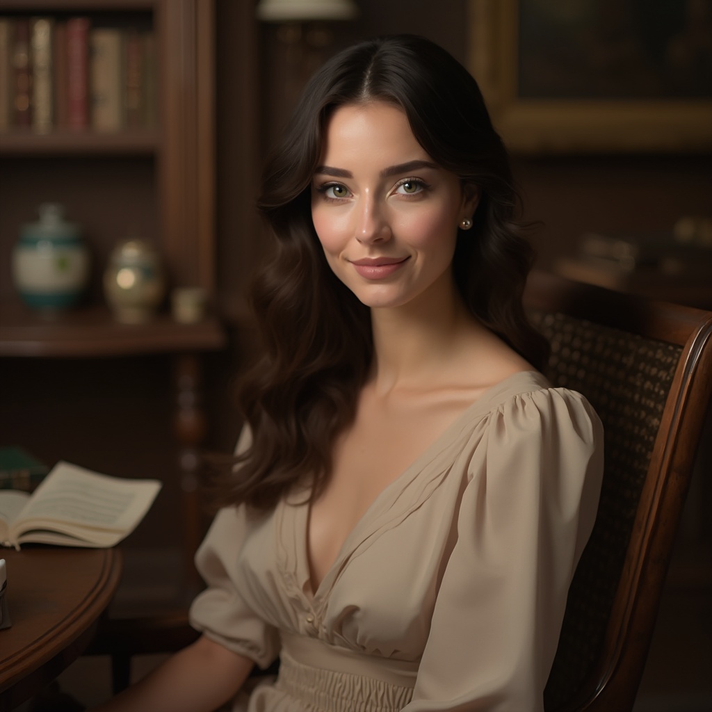 AI generated image by FLUX-Realism-Lora: A highly realistic portrait of a 25-year-old European woman with medium-length wavy dark brown hair, lightly tanned skin, and bright green or blue eyes. Her gaze is kind and approachable, with a subtle and calm smile. Her face has natural beauty and light makeup, with defined yet soft features. She is wearing a refined, tasteful formal dress made of high-quality opaque fabric like satin or crepe. The dress has a modest high neckline, covers the chest and back, and has three-quarter or long sleeves. The shape of the dress is feminine but not tight or revealing â it gently follows the body without being body-hugging. No skin is exposed except for the hands and face. There is no cleavage, no exposed shoulders, and no short hemline. The style is similar to what one would wear at a classical concert or elegant dinner â stylish, dignified, and graceful. She is sitting in a cozy, warmly lit interior, like a tastefully decorated reading room, art studio or classical living room. Background elements include soft lighting, wooden furniture, books, and subtle decor. The lighting is cinematic and natural, with gentle shadows and DSLR-like clarity. The atmosphere should feel intelligent, cultured, calm and warm. Her pose is relaxed but proper, expressing inner strength, elegance and femininity without any sensuality or provocative intent.