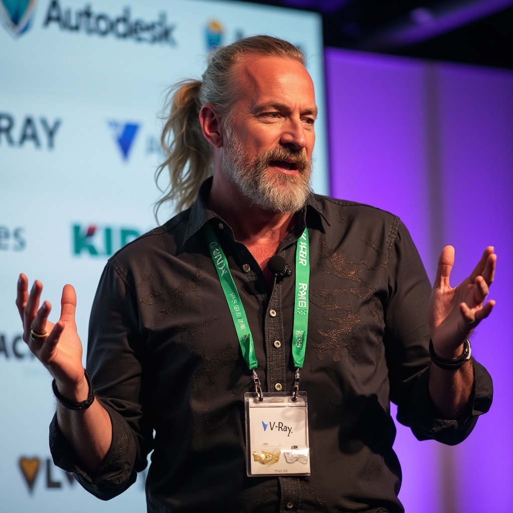 AI generated image by FLUX-Realism-Lora: A charismatic speaker is captured mid-speech. He has long, slightly wavy blonde hair tied back in a ponytail. His expressive face, adorned with a salt-and-pepper beard and mustache, is animated as he gestures with his left hand, displaying a large ring on his pinky finger. He is holding a black microphone in his right hand, speaking passionately. The man is wearing a dark, textured shirt with unique, slightly shimmering patterns, and a green lanyard with multiple badges and logos hanging around his neck. The lanyard features the "Autodesk" and "V-Ray" logos prominently. Behind him, there is a blurred background with a white banner containing logos and text, indicating a professional or conference setting. The overall scene is vibrant and dynamic, capturing the energy of a live presentation.