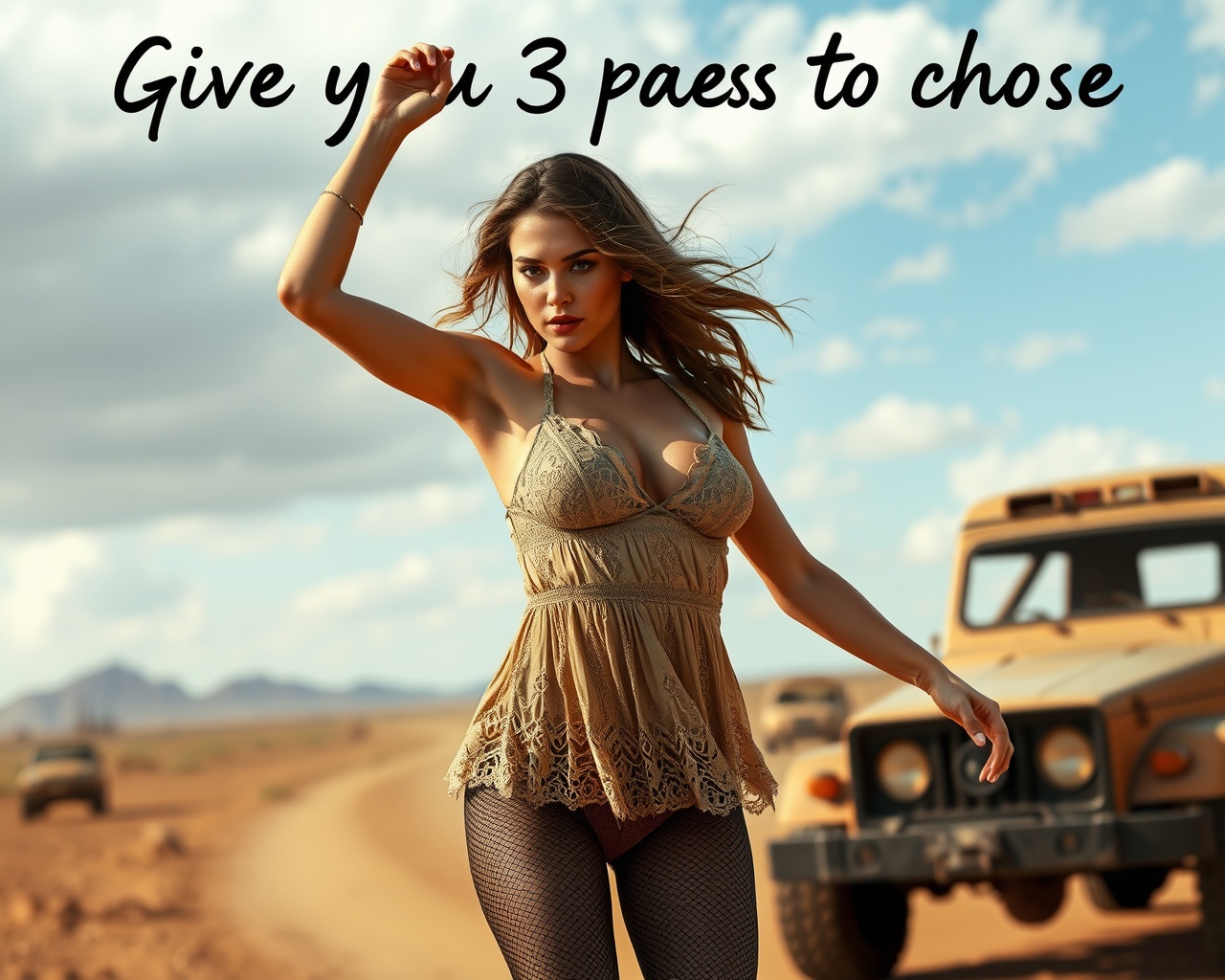 AI generated image by FLUX.1-schnell: Give you 3 paths to choose from,
a woman,
Female model pose shows rich emotional body movements,
She is wearing Lace Babydoll Strap Mesh Sleepwear Outfits, Pleated Babydoll Set, Ladies Mixed Pantyhose Stockings,
The environment is a scripted segment from the movie Mad Max: Fury Road (2015), in which Commander Furiosa, played by Charlize Theron, bravely saves oppressed women.
The drawing style that shapes the atmosphere of a movie scene in a certain script segment presents real characters, while the background scene environment is randomly used to create a paper sculpture effect using sketch, animation, 3D cartoon illustration vector, or paper-cut clay.