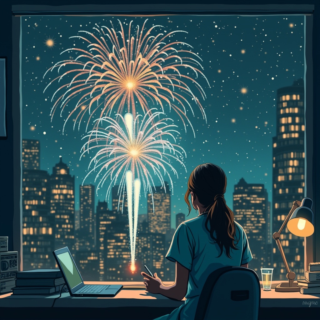 AI generated image by FLUX.1-pro: "As eco-friendly fireworks light up the sky, a nurse on night shift reflects on the medical advancements of the past year."