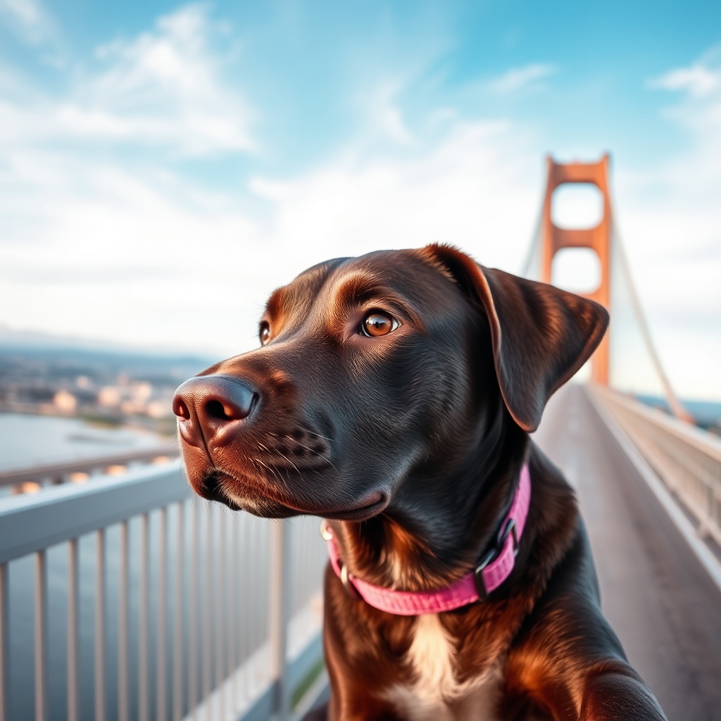 AI generated image by FLUX.1-schnell: A chocolate lab flying over San Mateo Bridge, while looking with soulful eyes. The pink collar should have KoKo prominenly written & visible on the collar.