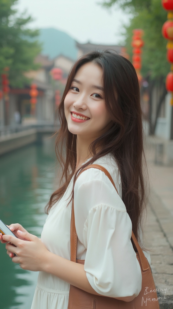 AI generated image by FLUX-Realism-Lora:
Asian girl, a young woman standing in a scenic outdoor setting, smiling at the camera,a woman with long brown hair wearing a white blouse stands by a canal in a picturesque outdoor setting, surrounded by trees and buildings with red lanterns,a person holding a phone near a body of water, wearing a white dress,a close-up of a woman's hand resting on a concrete ledge near a body of water, wearing a white dress and carrying a brown bag
