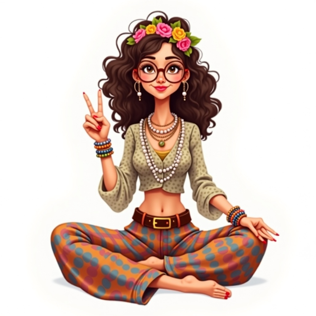 AI generated image by FLUX.1: cute caricaturecheerful 1960s hippie-style woman sitting in a meditative cross-legged pose. She has curly brown hair adorned with a colorful floral headband, wears round glasses, and wears a patterned paisley-style long-sleeved top with a leather belt and multicolored striped wide-leg trousers with matching striped ankle cuffs and barefoot feet with painted toenails. She is rich in accessories with multiple pearl necklaces and stacks of colorful bracelets on both wrists. Her right hand is raised in a peace sign gesture.,.Rendering in Native 4K. oil painting, white background