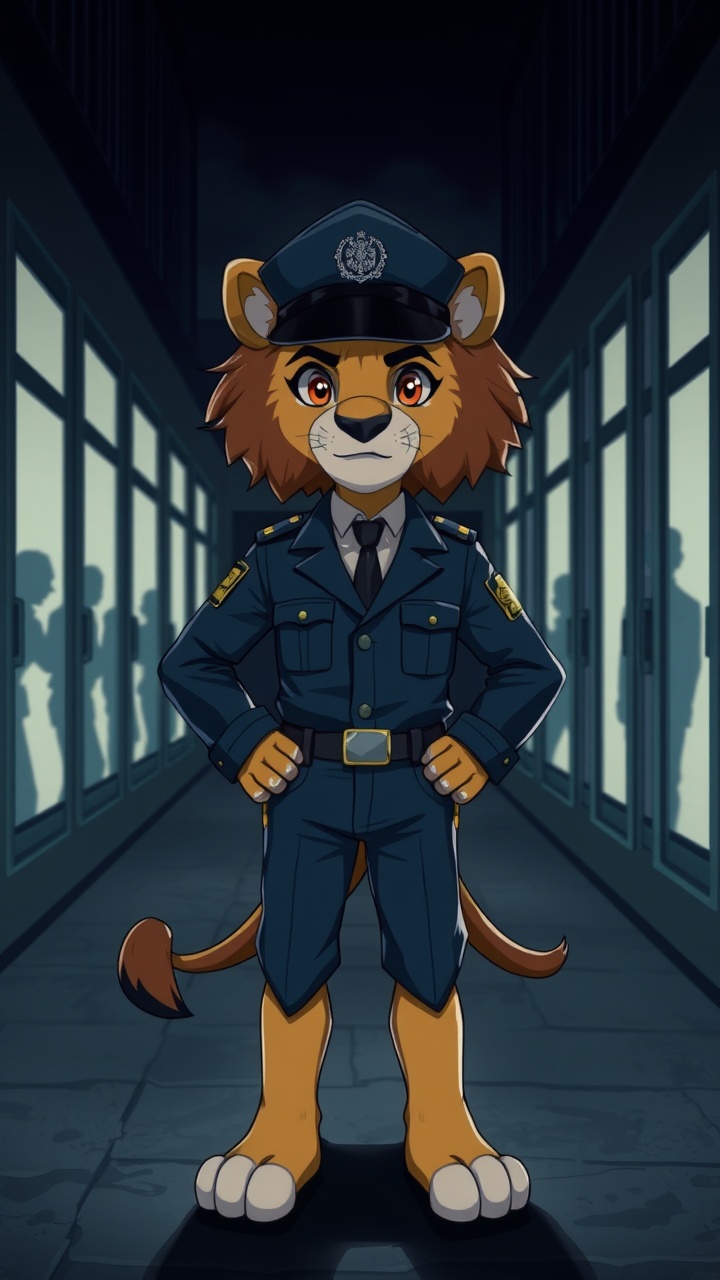 AI generated image by FLUX.1-schnell: "A young anthropomorphic lion boy with human-like hands and feet, dressed in a sharp police uniform, stands confidently in a dimly lit urban environment. His uniform is neat and professional, and his expression reflects determination and authority. In the background, a row of jail cells is visible, with silhouettes of thieves locked behind bars, emphasizing his success as a police officer. The setting has a dark theme, with minimal lighting casting dramatic shadows, highlighting Lillu’s role as a protector of the city."
