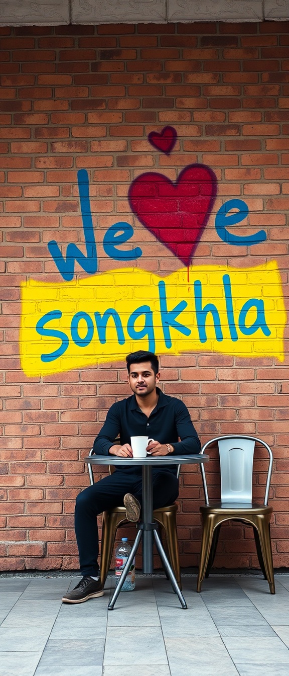 AI generated image by FLUX.1-schnell: Long shot, realistic shot of a man sitting on a chair, table, with a cup of coffee placed on it, with a tall brown brick wall in a beautiful style, with yellow spray paint and the text "we love songkhla" in blue as a background. High definition, 32K.