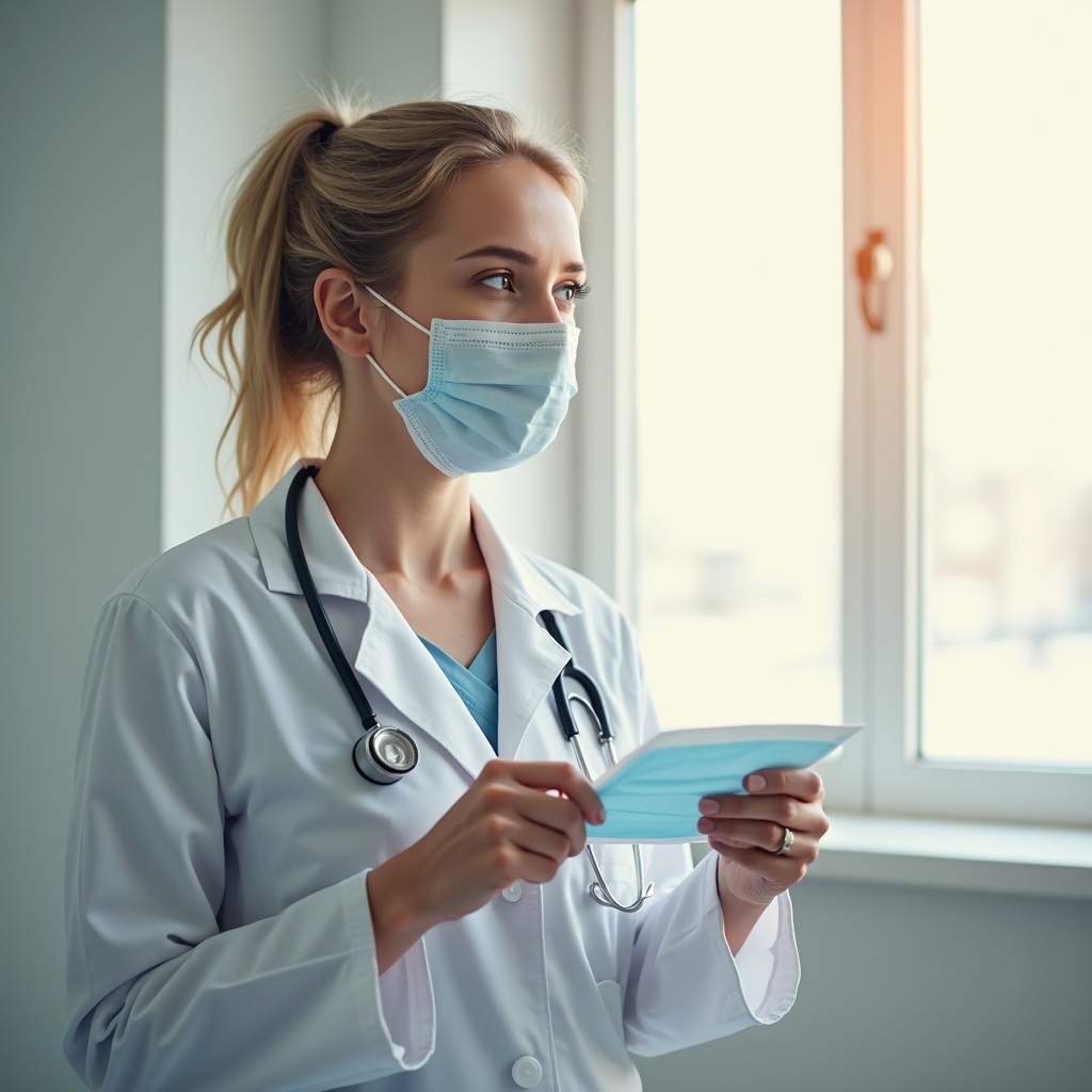 AI generated image by FLUX.1: Soft warm light entering through a hospital window. A doctor removing her mask -- expression calm and thoughtful (symbolizing acceptance and strength), very ultra realistic image.
( plain white background)