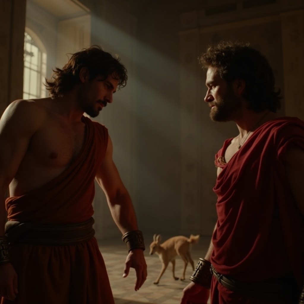 AI generated image by FLUX.1: King Eurystheus orders Hercules to capture a doe. Medium shot, palace interior, daylight from a window, cinematic style, realism.