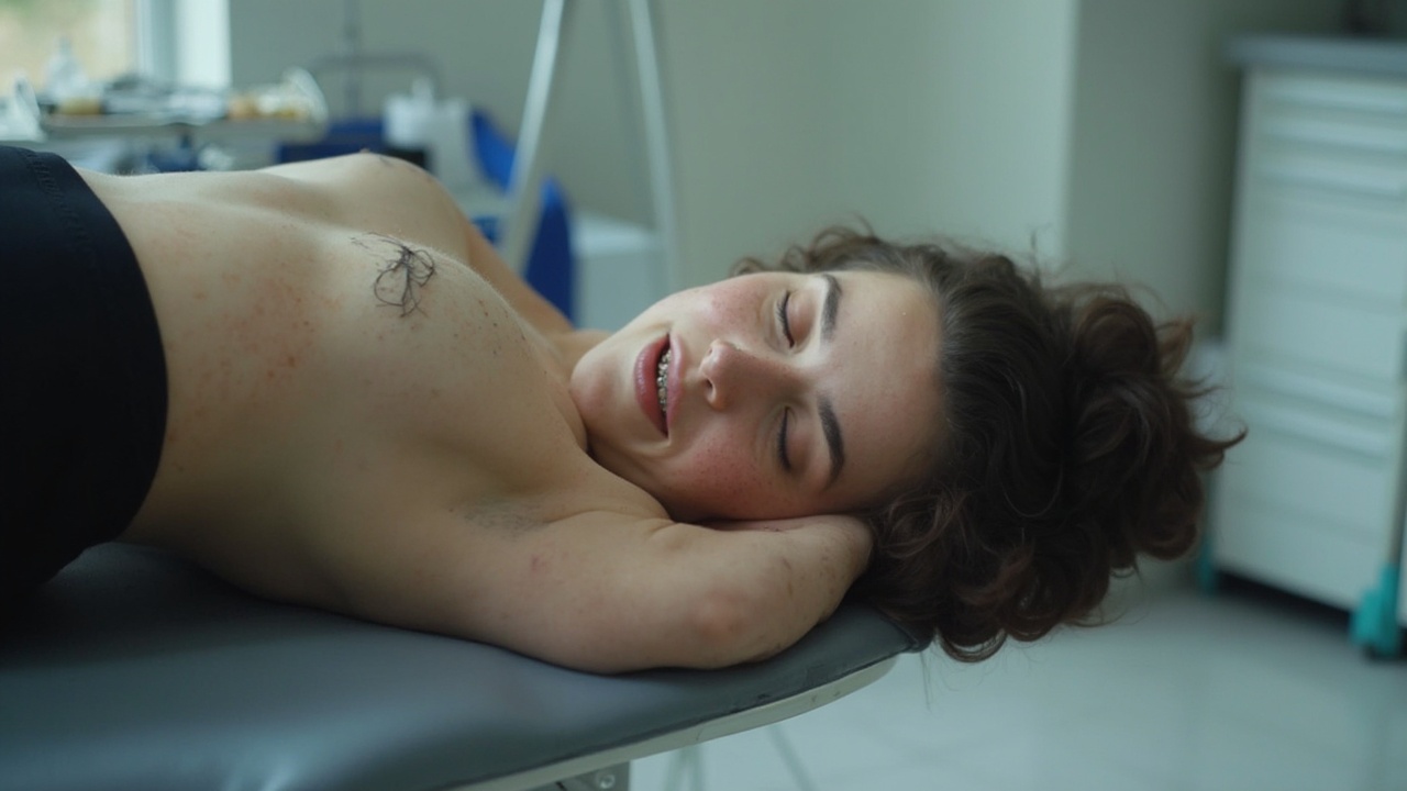 AI generated image by FLUX-Realism-Lora: a young woman with freckles and braces lying on her back in a doctor’s office, wearing black leggings