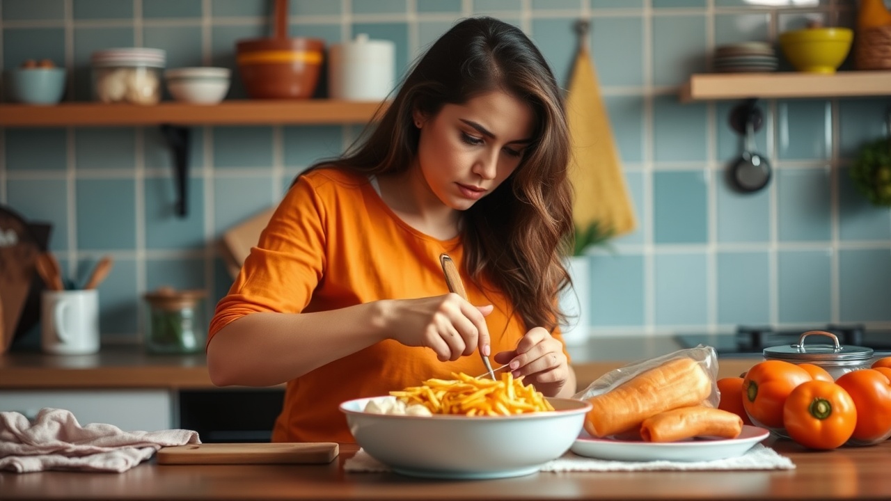AI generated image by FLUX.1-schnell: madre preocupada porque no sabe que alimentos preparar para su bebe, que se vea en la cocina y con alimentos listos para cocinar