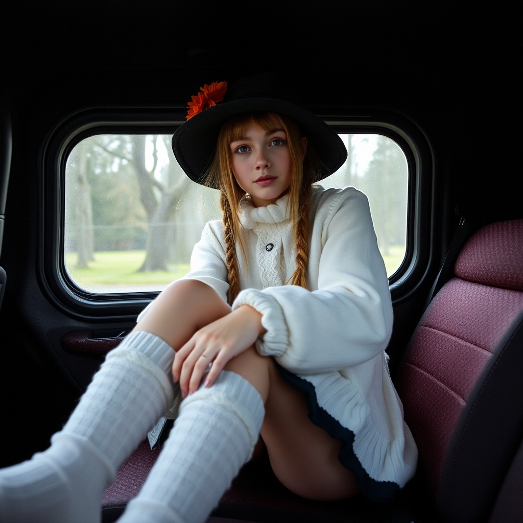 AI generated image by FLUX.1-schnell: Girls goth, hat and long socks, sitting, pov, cartokn