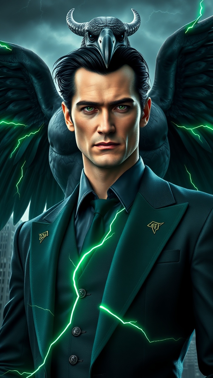 AI generated image by FLUX.1-schnell: Full body hyper-realistic cinematic artwork of Loki in dark mafia style. Handsome man with slick black hair, sharp green eyes, mischievous smirk, wearing an emerald-black tailored suit with glowing runes. Behind him towers a muscular raven-hybrid with humanoid torso, broad chest, giant black wings crackling with emerald lightning. Full body shot, gothic city backdrop with stormy skies, photorealistic, cinematic realism.