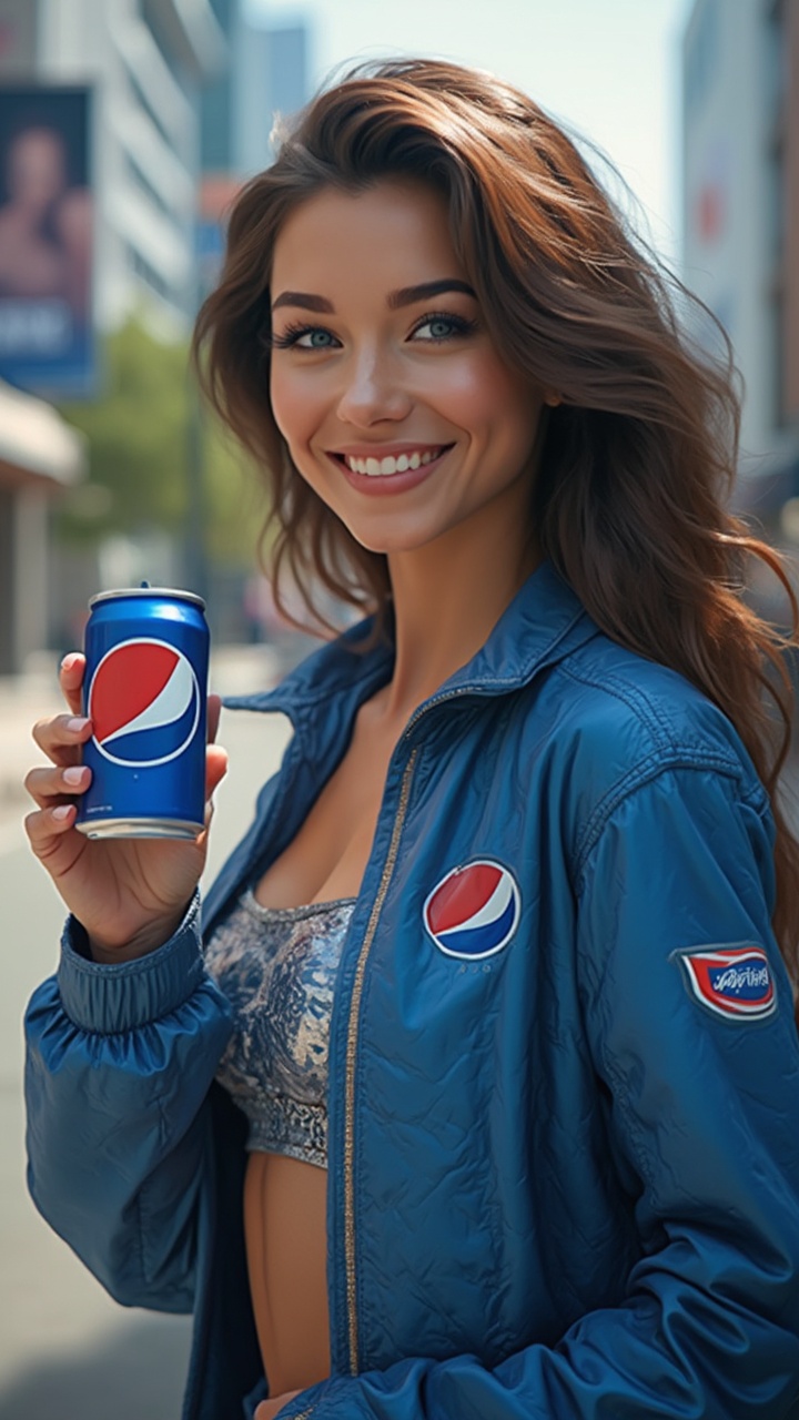 AI generated image by FLUX-Realism-Lora: "Generate an ultra-realistic image of a female AI influencer with an impeccably symmetrical face, featuring deep blue eyes that reflect warmth, intelligence, and excitement. Her smile is radiant and genuine, revealing slightly imperfect teeth that add to her authenticity, while holding a chilled, vibrant blue can of Pepsi in one hand, subtly tilted towards the camera.
Her skin exhibits realistic textural details, including fine pores and natural variations in tone, capturing a lifelike glow enhanced by soft, diffused lighting. She’s dressed in a chic, contemporary outfit, blending modern streetwear with subtle nods to classic Hollywood glamour. The outfit features deep blue and silver tones, mirroring Pepsi’s iconic color palette, with rich, textured fabrics that catch the light. Ensure her clothing fits perfectly, highlighting her figure without appearing artificial.
Her hands, prominently displaying the can, are proportionate with lifelike characteristics, including delicate veins and natural skin tones. Her other hand rests casually by her side. Her hair cascades in soft, natural waves, with individual strands reflecting the light, adding to the image's dynamic feel.
The setting is a stylish urban backdrop with soft bokeh effects, allowing her to stand out as the focal point. Pepsi branding elements, like a billboard in the distance or product placement subtly integrated into the scene, should enhance the collaboration. Incorporate subtle hints of greenery or urban architecture to add depth, but keep the focus on her vibrant personality, infectious energy, and her connection with the Pepsi brand." The Pepsi can shall look very very very hyper realistic as it is paid brand collaboration on Instagram