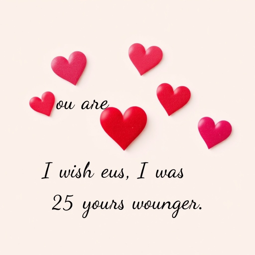 AI generated image by FLUX.1-schnell: Plain bacground with hearts {{{{You are absolutely adorable. I wish I was 25 years younger}}}}, English text.
soft, romantic font.