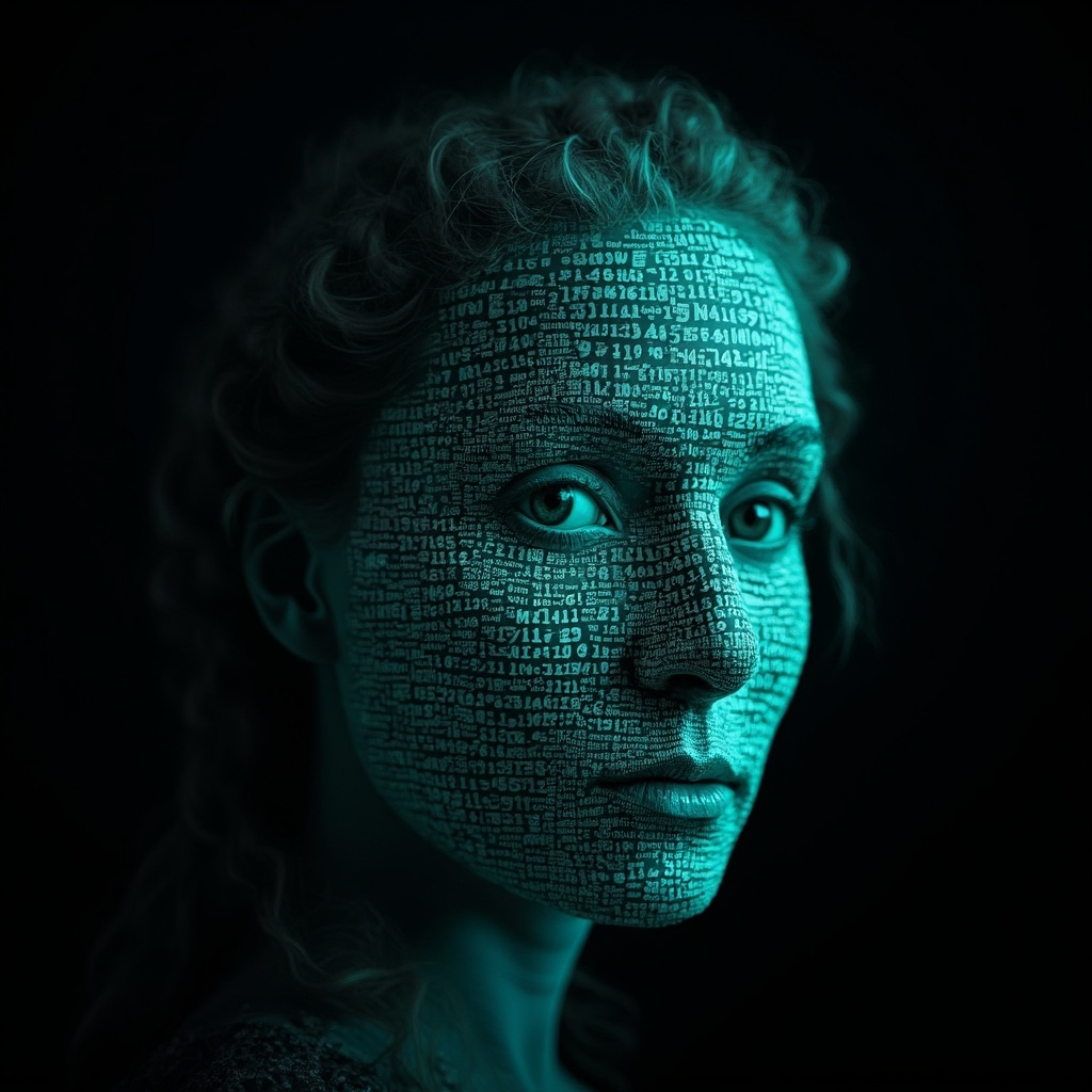 AI generated image by FLUX-Realism-Lora: Emmy Noether's face as a digital mask made from thousands of bright turquoise numbers and formulas forming her face. (she has a round, puffy face is 45 years old and has long hair which is made into a plait. She has slightly swollen eyelids) The formulas and numbers fly behind the mask leaving a trail of complexity. The mask is floating dynamically in mid air. Her head is slightly turned to the right but her eyes are looking directly into the camera. The mask is on a black background. Like a png with black only background. Photo realistic, sci-fy