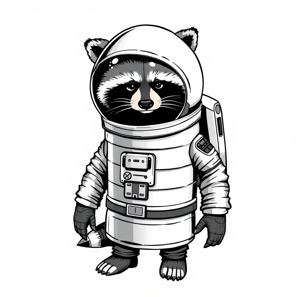 AI generated image by FLUX.1-schnell: Raccoon astronaut, wearing a trashcan as a spacesuit, tattoo style