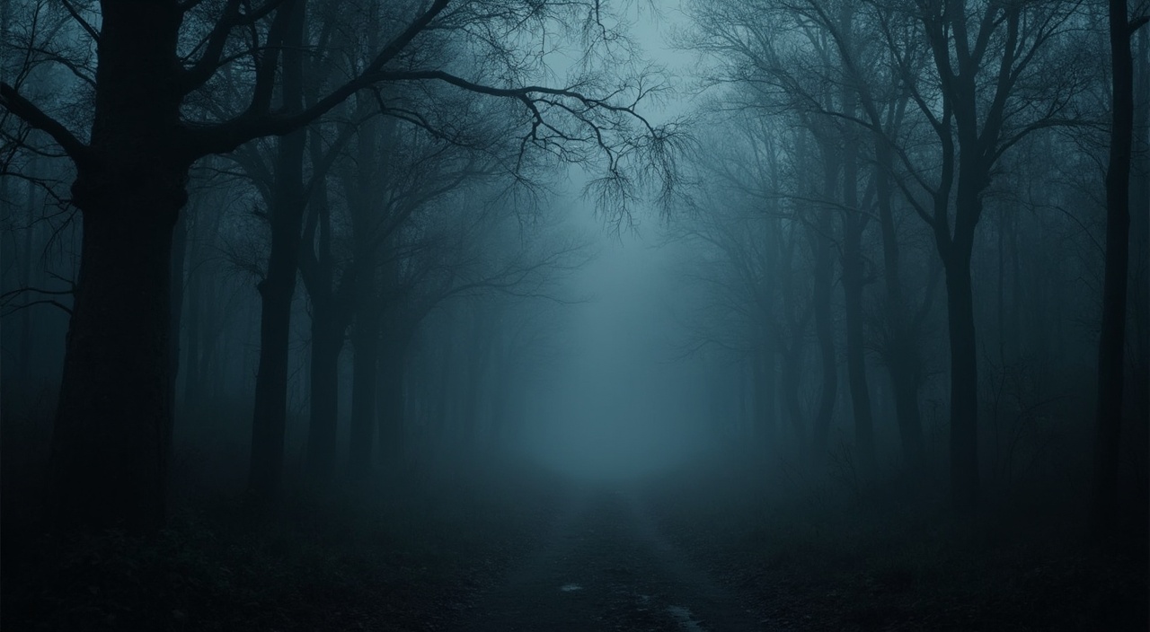 AI generated image by FLUX-Realism-Lora: Un bosque denso y oscuro envuelto en una espesa niebla, con árboles retorcidos y una atmósfera de misterio y terror.