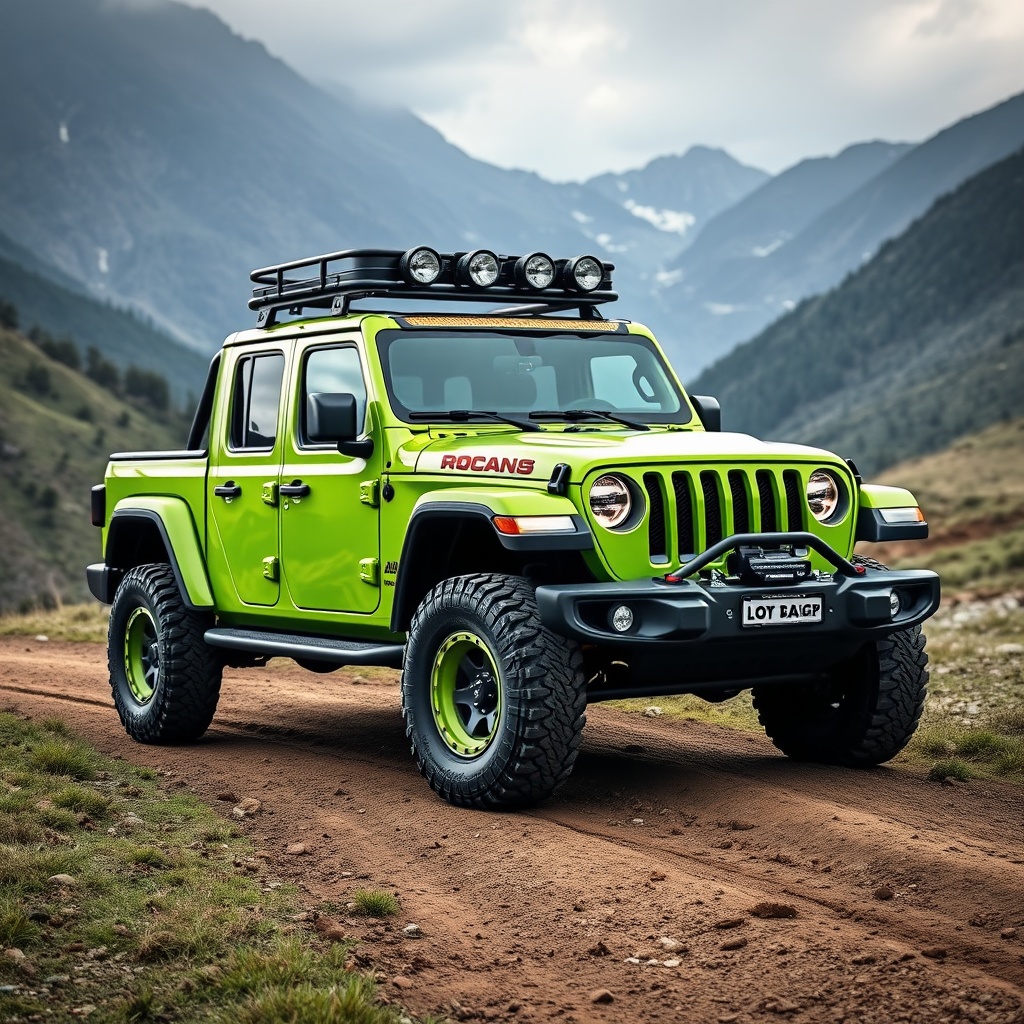 AI generated image by FLUX.1-schnell: CREA UNA IMAGEN DE UNA JEEP TRUCK PICK UP 4 PUERTAS CON EQUIPO DE OFF ROAD 4X4 COLOR VERDE LIMON EDICION LIMITADA CON FONDO ENTRE MONTAÑAS CAMINO ESCARPADO