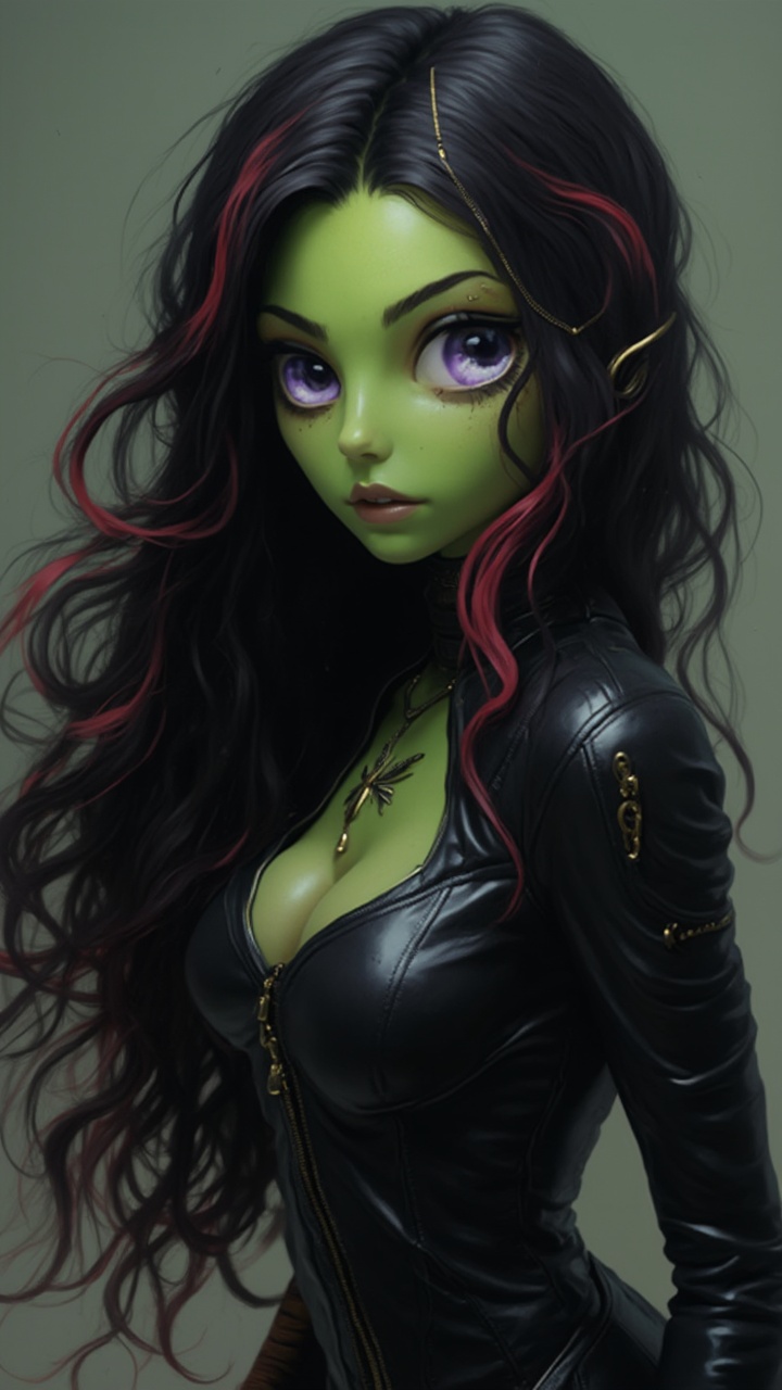 AI generated image by FLUX-Realism-Lora: Close-up portrait of a tall,slim, compact figure, with a small chest and narrow hips,she is also slightly slender, young Alien woman, 28 years old, green-skinned, with a long, wavy mass of black hair with red and purple highlights, and large purple eyes with golden circles, has a heart-shaped face, high cheekbones, no eyebrows but golden lines ending on her cheeks, black leather jumpsuit with black pants