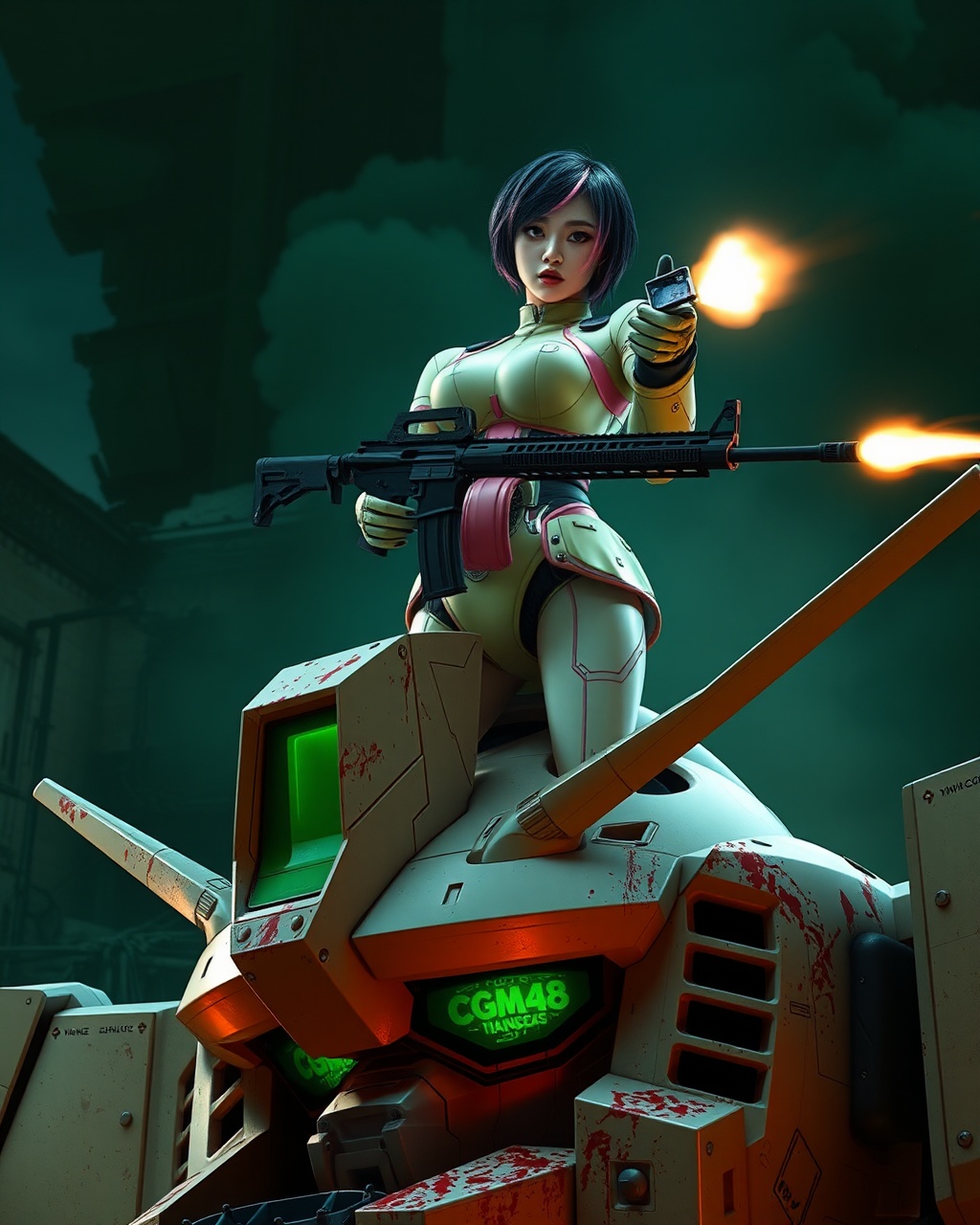 AI generated image by FLUX.1-schnell: Masterpiece full body of a Real Man,Virtual reality, skin like a real person , Best Quality,Beauty, full body image,War Cinematography , best shadows best illustrations Wallpaper size 1080×2400 px Detailed A realistic sci-fi image, similar to Hollywood movies. Full-length image of a Southeast Thai woman 14 years old very very big breasts, big breasts, short hair, dark pink and blue hair, white skin, aim at eye level a AR-15 Gun and fire it forward, . her face looking straight ahead but her eyes looking to the right. Her face shows an indifferent but powerful expression on her face. There is a long blood-streaked map. She is wearing a modern but retro robot costume in light green and pink color with the logos green text of "CGM48" on the green back ground path, on the costume. She is standing on the head of a large robot (only the robot's feet are visible). Low-key lighting gives an apocalyptic feel. The background is a collapsed building with billowing smoke. GUNDAM image. there are many of storm troopers are chasing after him from behind.