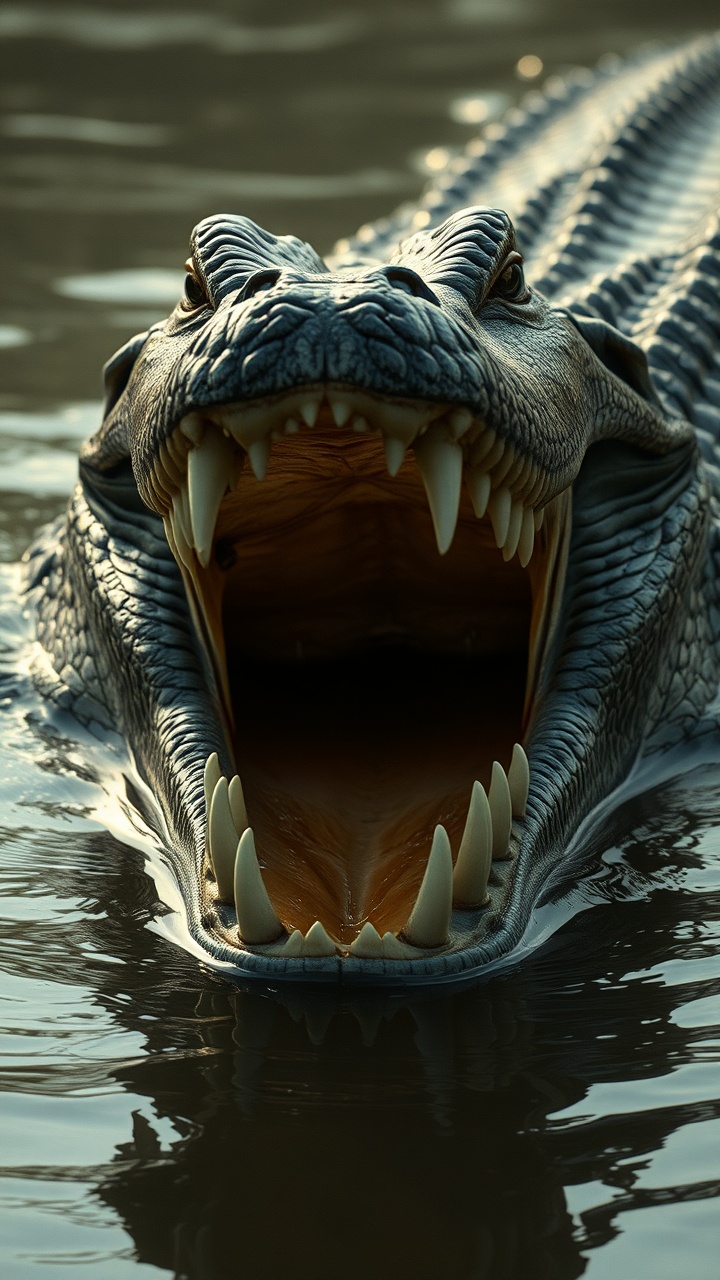 AI generated image by FLUX.1-schnell: hyper-realistic cinematic image of a massive crocodile, armored scales reflecting light, jaws wide open with razor-sharp teeth, half submerged in murky water, waiting to strike.