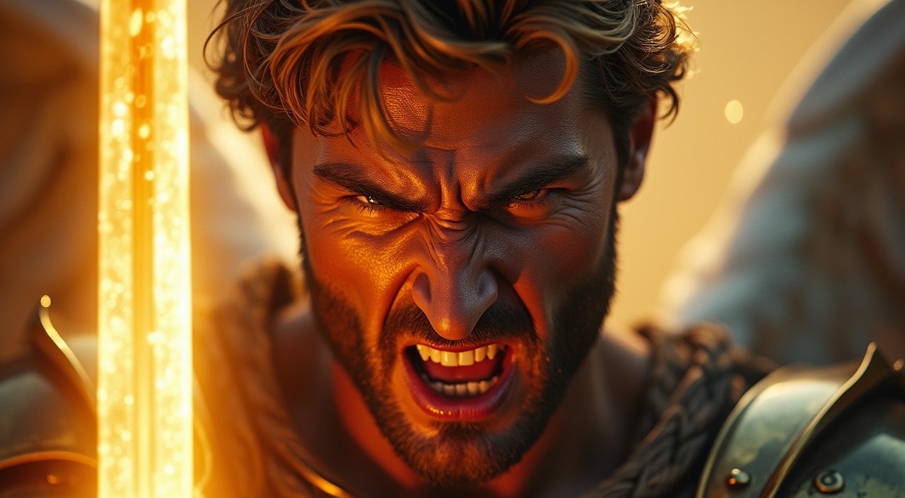 AI generated image by FLUX.1-pro: Create a hyper-realistic, cinematic close-up of Archangel Michael’s face in a moment of intense emotion, showing his anger and divine fury. His facial expression is fierce and determined, with furrowed brows and piercing, glowing eyes that radiate both power and righteousness. His jaw is clenched, and his lips are pressed together in a tight, resolute line, conveying a sense of unyielding strength. The light from his radiant sword casts a soft glow on one side of his face, highlighting the sharp angles of his features—strong cheekbones, a chiseled jawline, and an almost divine, ethereal beauty. His armor is visible in the background, subtly reflecting the light, but his focus is entirely on the intensity of the moment. The shadows cast across his face enhance the dramatic effect, with the background fading into a celestial glow. The atmosphere should be one of divine anger and righteousness, as though he is preparing for a righteous confrontation, with an aura of intense light and strength emanating from him.