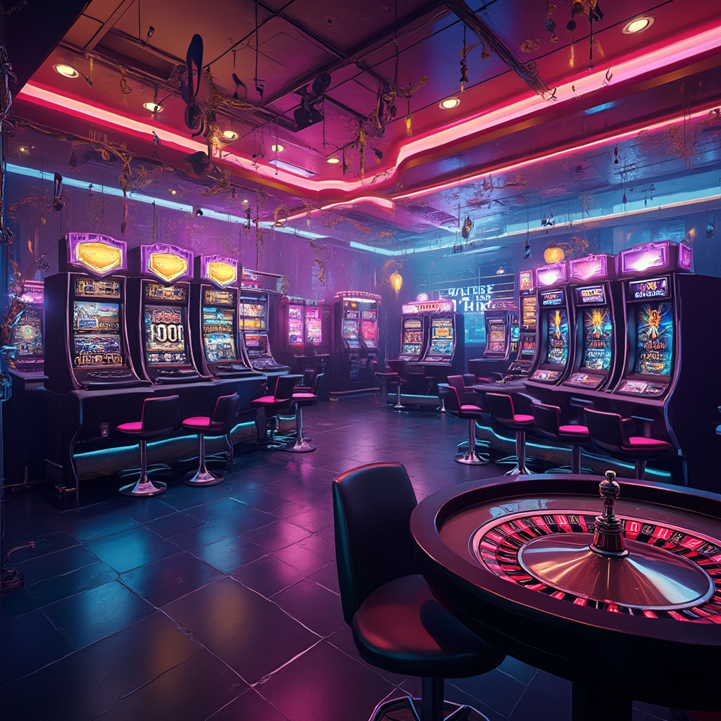 AI generated image by FLUX-Realism-Lora: A glamorous casino interior infused with musical elements: neon lights, musical notes, instruments, and modern slot machines. In the background, roulette wheels and other casino elements seamlessly blend with sound-related visuals like speakers, headphones, and treble clefs. The atmosphere is vibrant, dynamic, and immersive, emphasizing the synergy of music and gambling. A futuristic style with vivid colors and an energetic design.