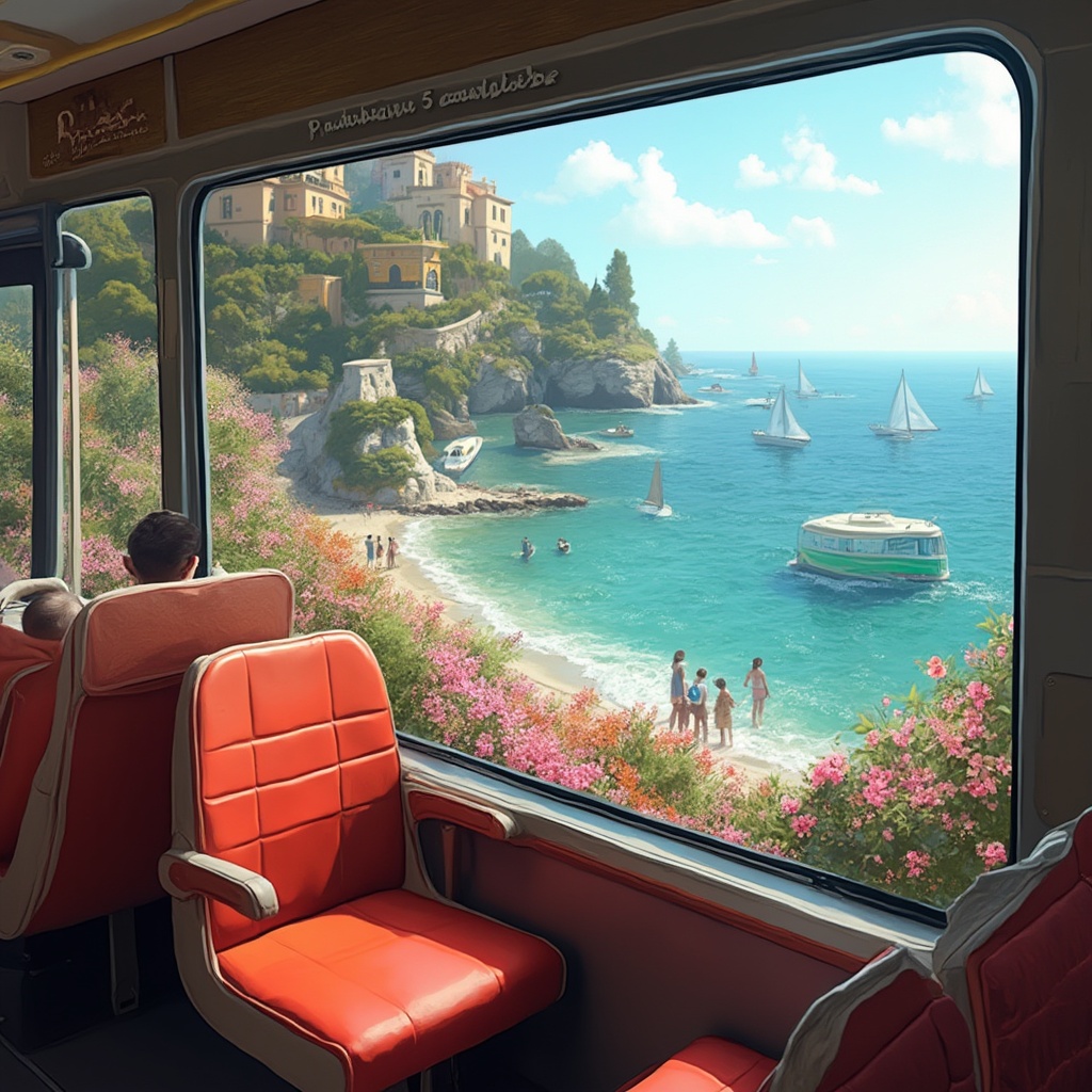AI generated image by FLUX-Realism-Lora: Erstelle ein realistisches Bild mit Blick aus einem modernen Reisebus an der italienischen Blumenriviera