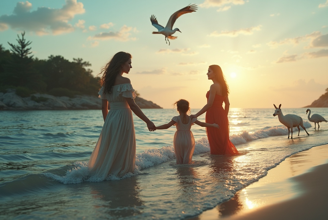 AI generated image by FLUX.1: Main story: Dramatic cinematic digital art depicting a mythological seashore; In the foreground, a
meeting scene is captured; A beautiful woman under 30 (in ancient Greek style, lightly dressed and decorated), behind whom,
On the island, animals (a heron, a wolf, a deer and a goat) and birds (an eagle and a swan flying - two flamingos standing on the shore)
are moving - with a calm, smiling face, she meets those who have come out of the sea - A beautiful woman under 25, lightly dressed in an ancient Greek style, a light-colored dress, which seems to be woven from transparent fish fins; Next to her is a beautiful 12-13 year old girl - in a light red dress. - The girl's face shows confusion and she is completely entrusted to the woman next to her;
A beautiful woman, about 25 years old, and a beautiful girl, about 12-13 years old, are standing in the sea water (knees down) and moving towards the shore
-Their feet are visible in the clear water of the sea; On the shore, a beautiful woman, about 30 years old, is waiting for them;
4:3 format - Background: Island coast. The sun setting in the sea illuminates a few clouds moving in the dark blue sky from below;
8K photorealistic macro rendering, with HDRI lighting, light reflections and maximum detail.
Romanticized realism - the figures are realistic, but with idealized beauty.