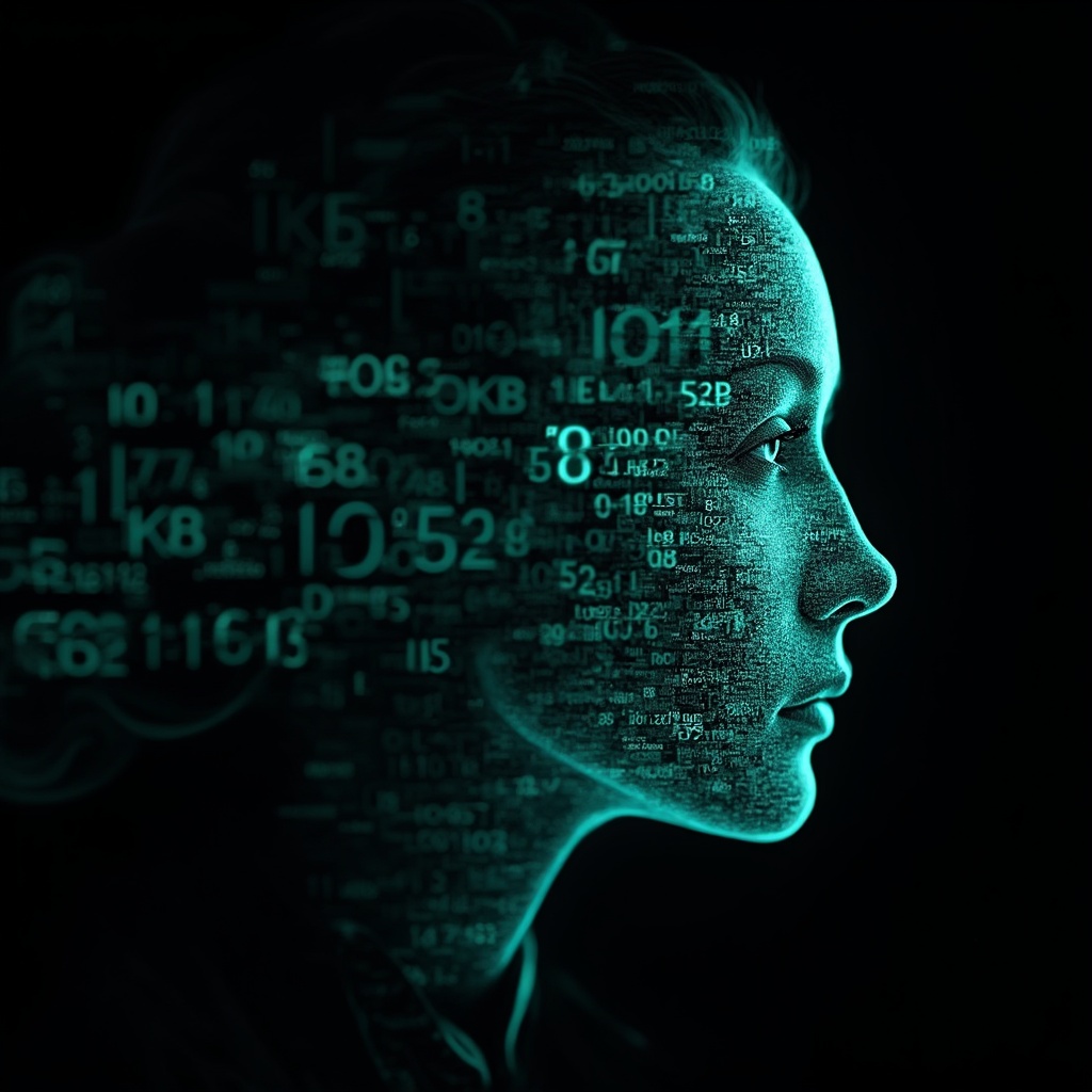 AI generated image by FLUX-Realism-Lora: Ada Lovelace's face as a digital mask made from thousands of turquoise numbers and formulas forming her face. The numbers and formulas are made from light. the formulas and numbers fly behind the mask leaving a trail of complexity. the mask is floating dynamically in mid air. her head is turned to the right but her eyes are looking directly into the camera. the mask is on a black background. like a png with black only background. photo realistic, sci-fi, human features hair