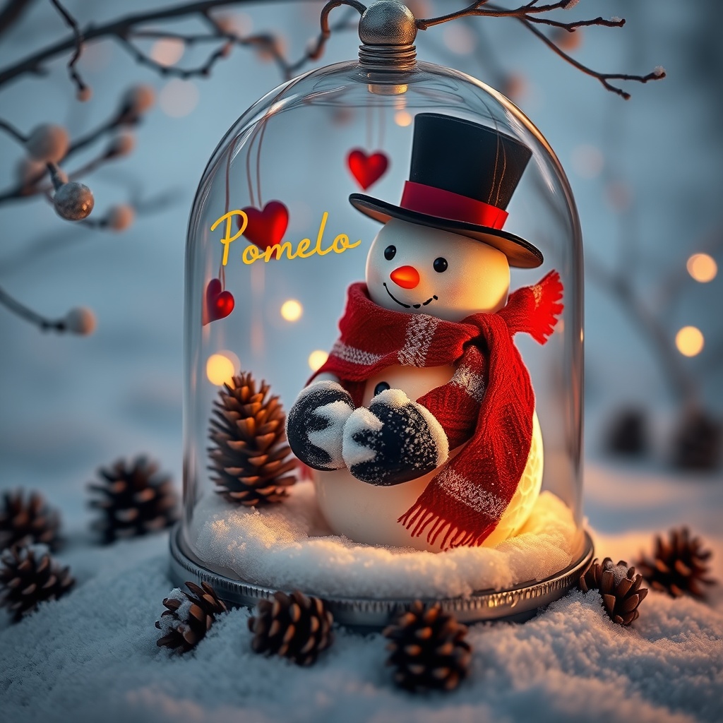 AI generated image by FLUX.1-schnell: A captivating and enchanting scene showcasing a charming snowman, encased in a delicate, silver-branched dome amidst a pristine winter landscape. The snowman, adorned with a cozy red scarf and a black top hat, tenderly holds a pinecone in its snow-covered arms. The scene is illuminated with a warm, inviting glow, and the word 'Pomelo' is elegantly written in golden lettering. Hanging from the dome are delicate red hearts, adding a touch of romantic charm. The dome rests on a layer of snow, decorated with small pinecones, creating an altogether whimsical and magical atmosphere.