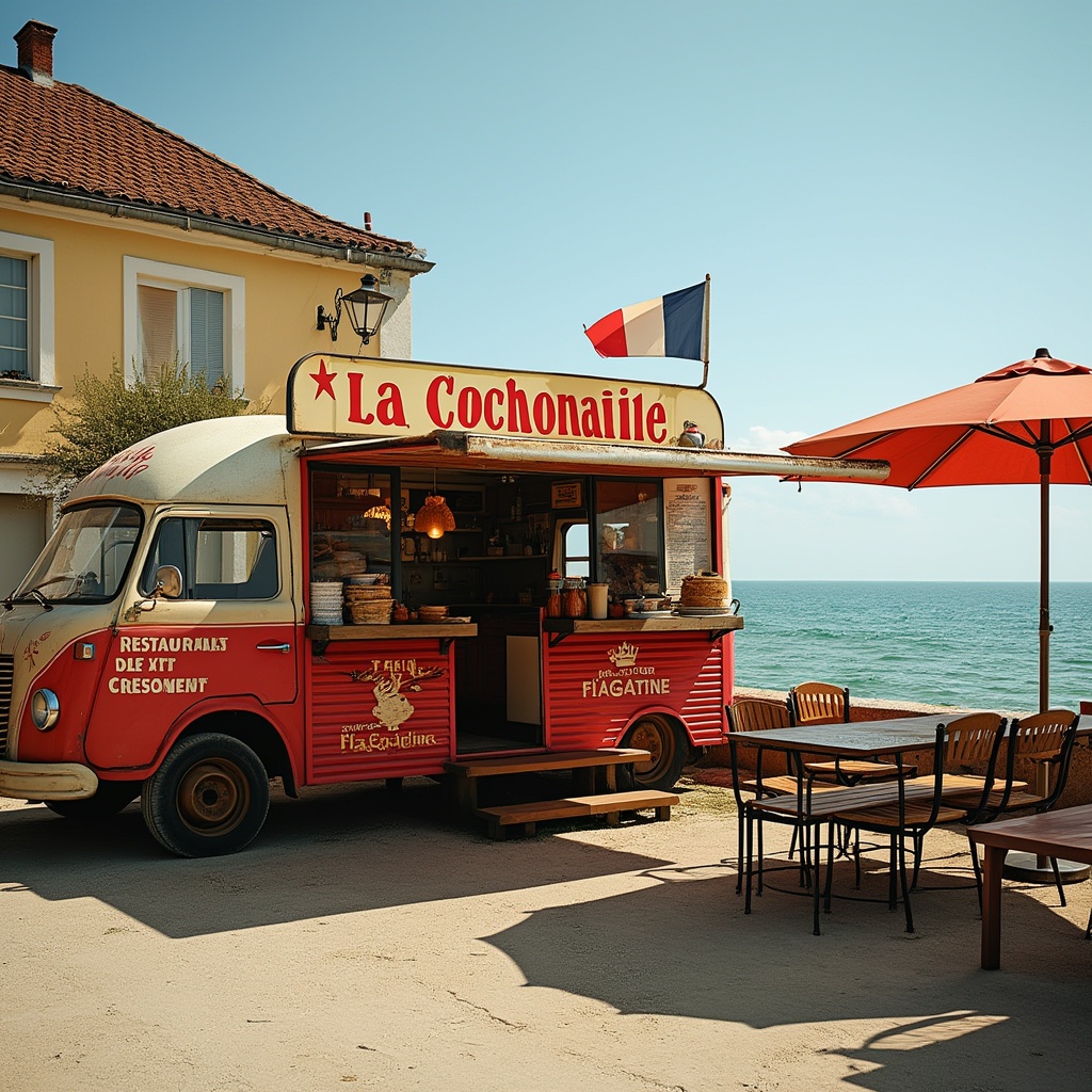 AI generated image by FLUX.1-pro: un camion restaurant ancien avec écrit dessus à la cochonaille chez flagatine et flag et des tables avec parasol en bord de l'océan atlantique