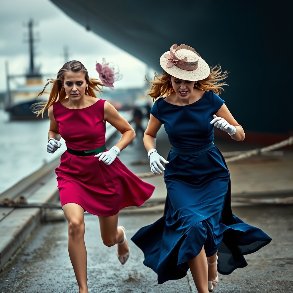 AI generated image by FLUX.1-schnell: Two posh female wedding guests are running sad and scared in a dangerous port wearing coloured posh mini dresses and silky gloves. Descending to the ground, two posh hats are blowing off their heads behind in the background.