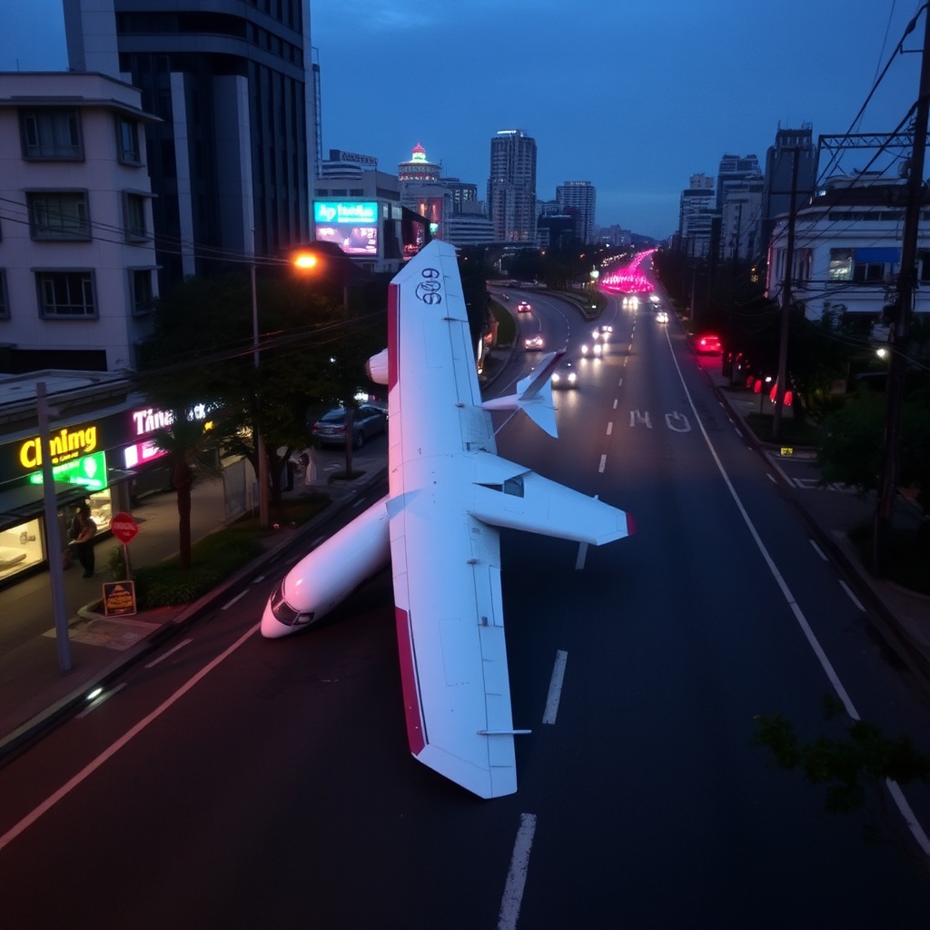 AI generated image by FLUX.1-schnell: Airplane fall on the road in the center of Chiang Mai