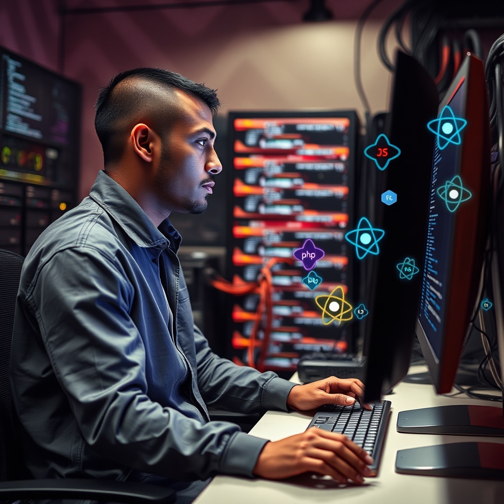 AI generated image by FLUX.1-schnell: hombre joven de raza oscura con ropa moderna y pelado bajito, sentado frente a una computadora, en la pantalla se ven lineas de codigo, en el fondo es futirista y hay varios servidores y muchos cables de red. al rededor de joven flotan los logotitos de java, js, php, react. la iluminacion es viva