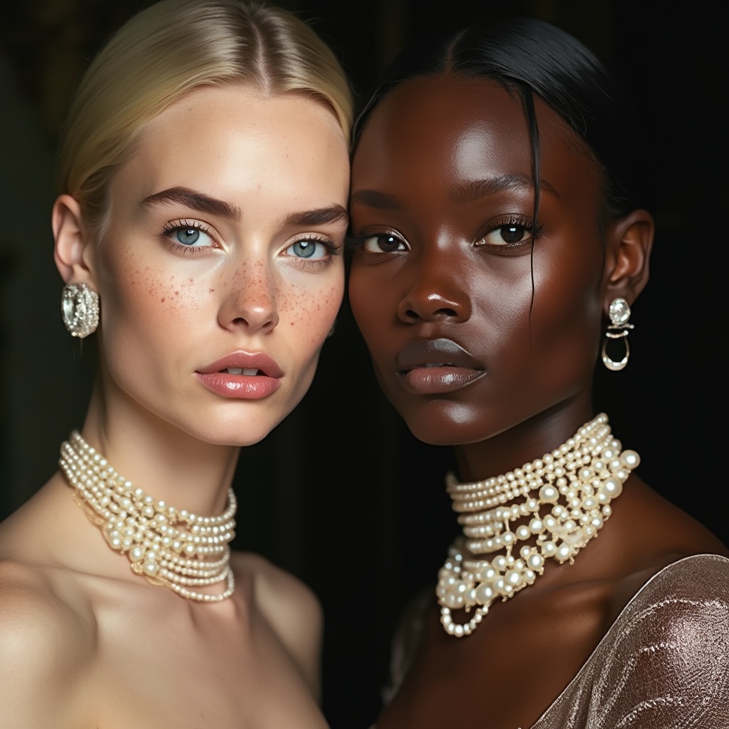 AI generated image by FLUX-Realism-Lora: "Fashion photography portrait of two elegant women standing close together. One has fair skin, cool eyes, slicked-back blonde hair, freckles and smooth lips. The other has dark skin, deep eyes, dark and smooth hair and smooth lips. Both wear luxurious pearl jewelry, including oversized pearl chains and multi-layered pearl necklaces. Skin texture is clearly visible. Masterpiece. HD details. best quality.
