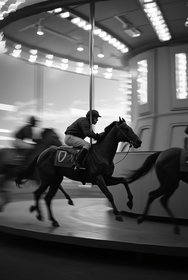 AI generated image by FLUX-Realism-Lora: A closeup black and white photo of jockeys racing carousel. The race contest is very intense and dramatic. Motion blur. Backlight