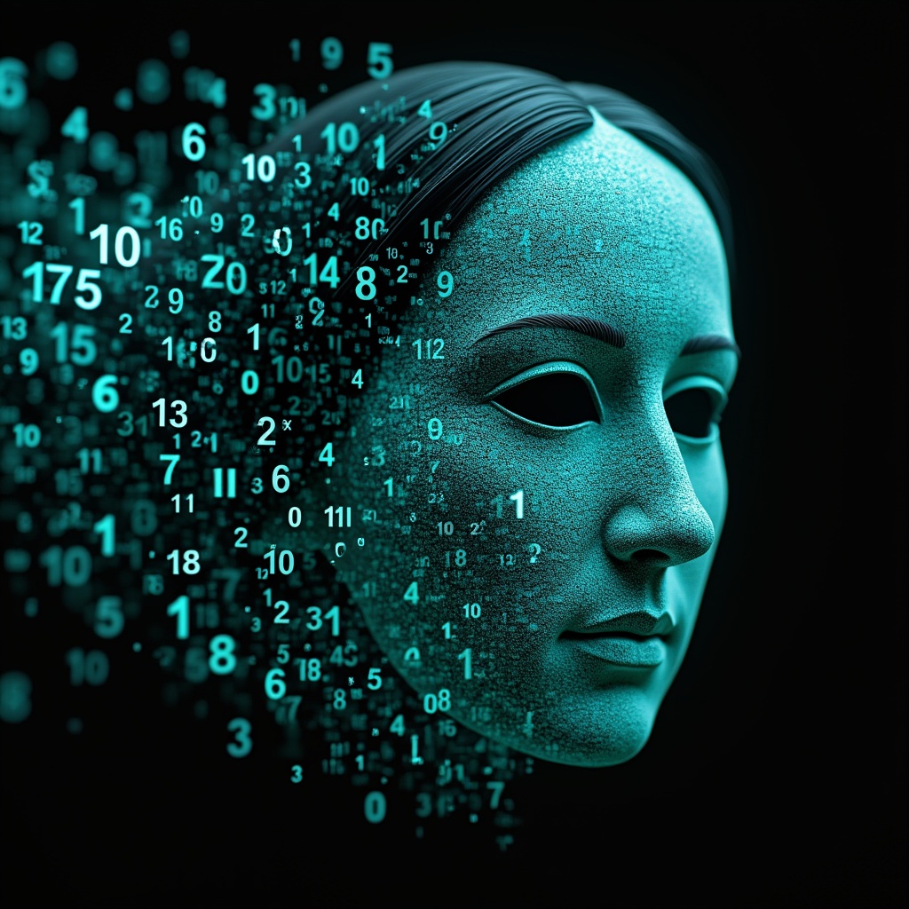 AI generated image by FLUX.1-pro: Ada Lovelace's face as a digital mask made from thousands of turquoise numbers and formulas forming his face. the formulas and numbers fly behind the mask leaving a trail of complexity. the mask is floating dynamically in mid air. his head is turned to the right but his eyes are looking directly into the camera. the mask is on a black background. like a png with black only background. photo realistic, sci-fi, human features hair