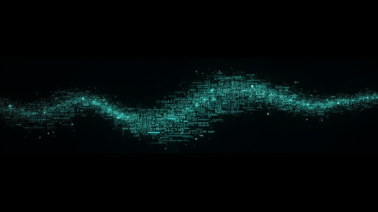 AI generated image by FLUX-Realism-Lora: a swooshing trail made from thousands of turquoise numbers and formulas. it starts on the right side of the picture from a point and then grows larger and fades out towards the left side of the image. on a black background. like a png with black only background.
