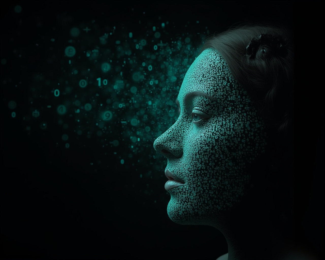 AI generated image by FLUX-Realism-Lora: Ada Lovelace's face as a digital mask made from thousands of turquoise numbers and formulas forming her face. the formulas and numbers fly behind the mask leaving a trail of complexity. the mask is floating dynamically in mid air. her head is turned to the right but her eyes are looking directly into the camera. the mask is on a black background. like a png with black only background. photo realistic, sci-fi, human features hair