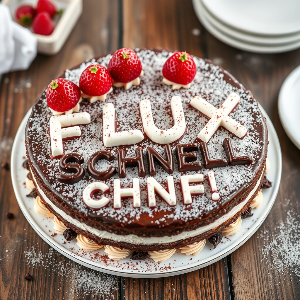 AI generated image by FLUX.1-schnell: black forest gateau cake spelling out the words "FLUX SCHNELL", tasty, food photography, dynamic shot