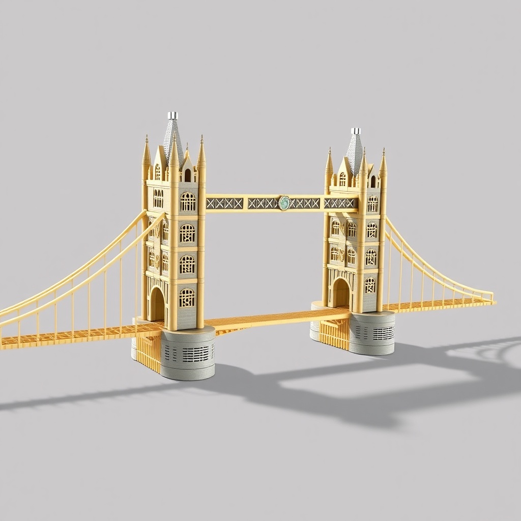 AI generated image by FLUX.1-schnell: Generate a minimal reproduction of Tower Bridge in London recreated entirely with a dozen of Mikado sticks. No details only the main structure. The composition must be simple, no background, only long drop shadows. Face view