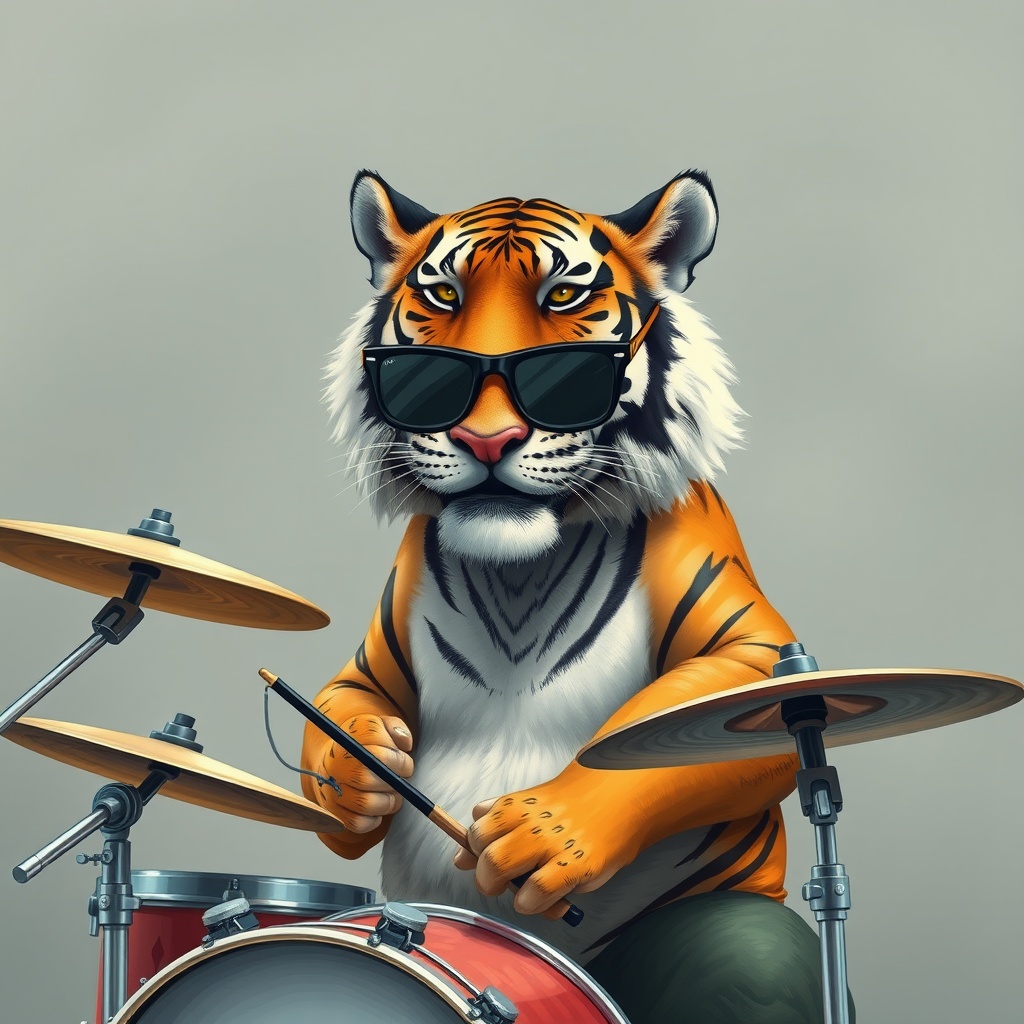 AI generated image by FLUX.1-schnell: A chubby tiger in sunglasses playing drums