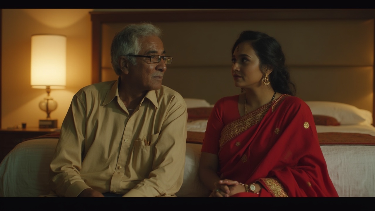 AI generated image by FLUX-Realism-Lora: 62-year-old elderly Indian man with gray hair and glasses, dressed in a formal kurta, sitting beside a young Indian woman in a bright red sari with gold borders, both inside a stylish hotel room with a luxurious bed and ambient lighting, cinematic 4K style, expressions hinting at tension and intrigue, dramatic composition suitable for a YouTube thumbnail.