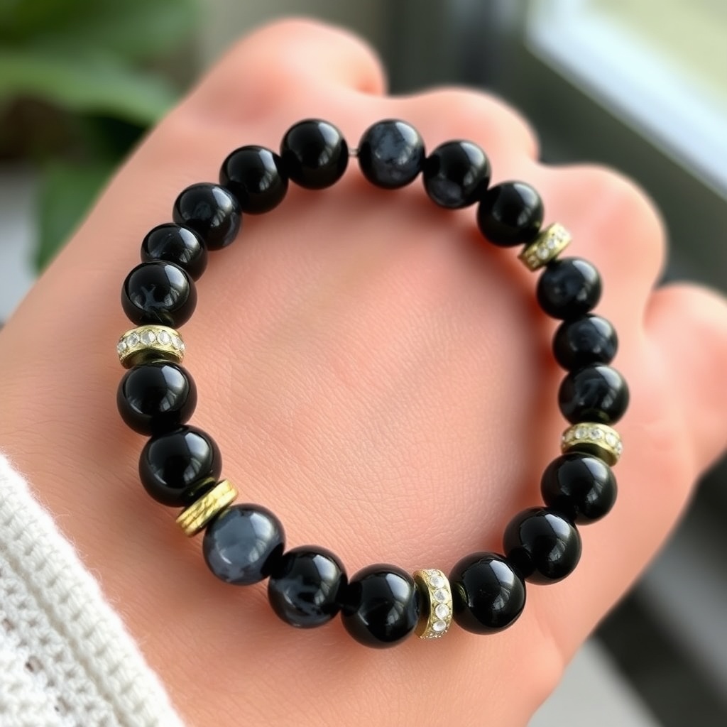 AI generated image by FLUX.1-schnell: generate a realistic image of wearing Onyx Tumble bracelet in on hand