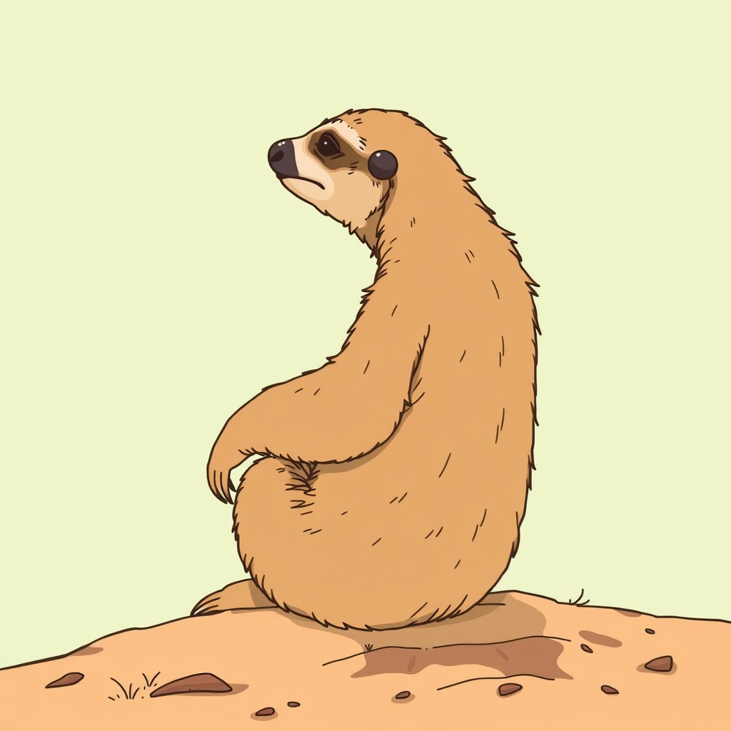 AI generated image by FLUX.1-schnell: A sloth sitting on his bum, facing forward, arm to the side. Borderland cel shaded style.