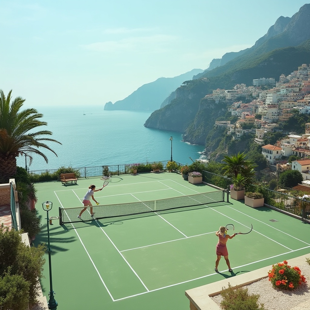 AI generated image by FLUX-Realism-Lora: Exactly 2 women playing tennis (not discussing or doing something else), on a tennis court located on a spacious, tiered terrace of a luxury villa in Positano or Ravello, overlooking the Amalfi Coast, Italy.
The View: The entire coastline would be the backdrop. Players would look out over the vibrant, pastel-colored villages clinging to the cliffs and the endless, shimmering turquoise of the Tyrrhenian Sea. The women play tennis, so one is on 1 side of the net and the other one is on the other side of the net. The tennis net is BEWTWEEN them.