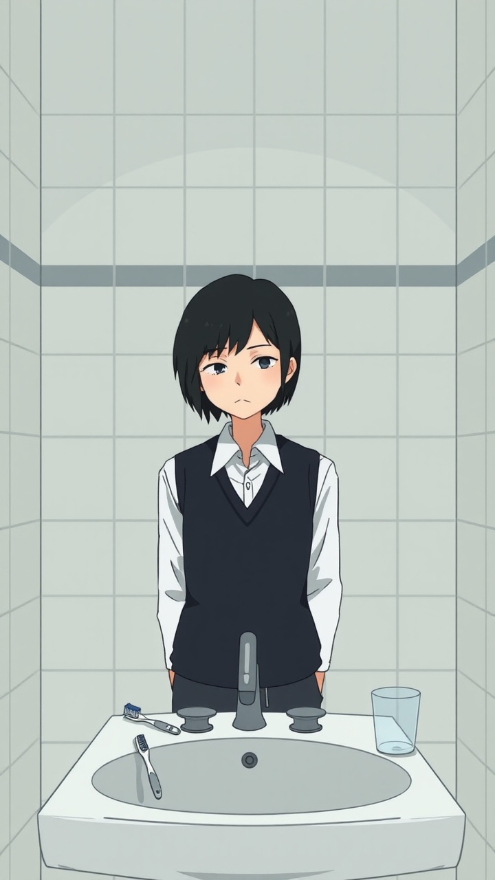 AI generated image by FLUX.1-schnell: Omocat's omori game artstyle, The image depicts a young person standing behind a bathroom sink, their expression somber. Their dark hair is neatly styled, and they are dressed in a white shirt with a dark vest. The tiled walls behind them are plain and featureless, creating a sense of isolation. The only other elements in the scene are a toothbrush and a glass on the counter, suggesting a routine that the individual may find difficult to engage in. The overall mood of the image is melancholic, hinting at a sense of loneliness or sadness. The subdued colors and minimalist composition further contribute to the somber atmosphere. The image leaves room for interpretation, inviting viewers to consider the inner thoughts and feelings of the subject.